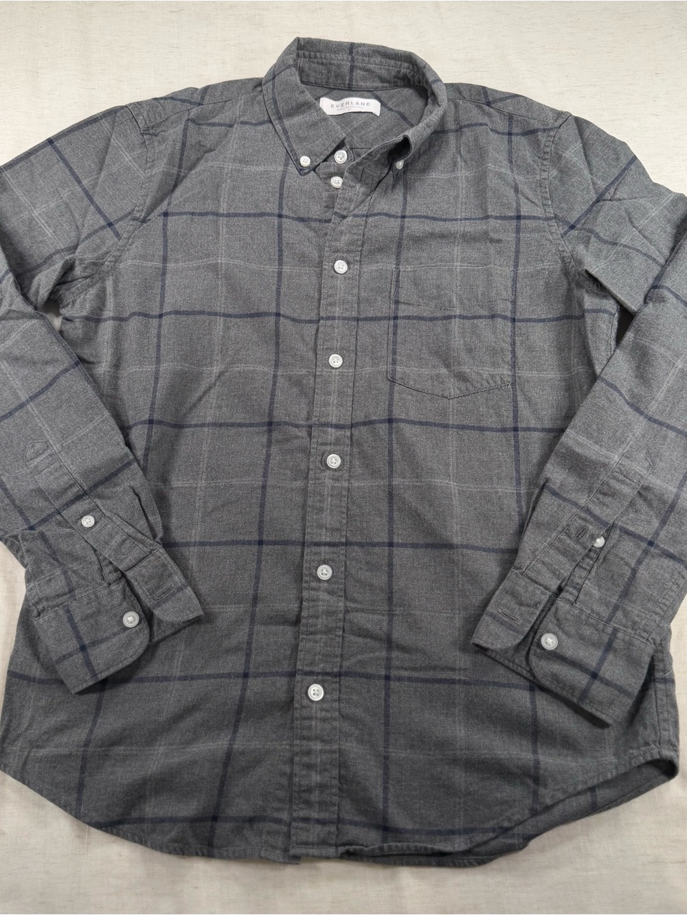 Everlane Men's Gray Windowpane Button-Down Shirt with Navy Check
